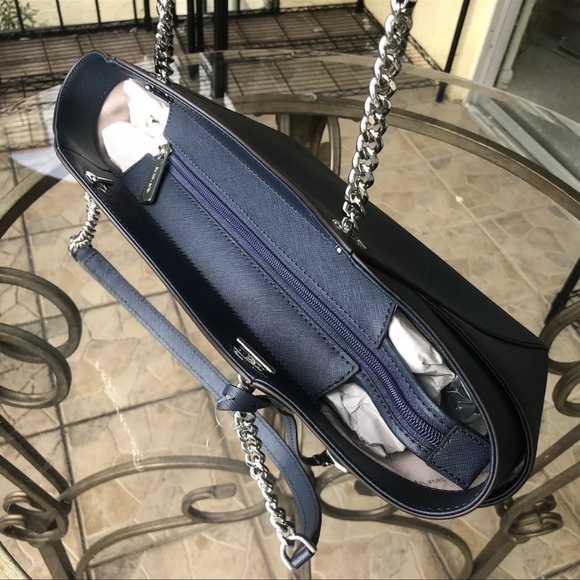 MICHAEL KORS JET SET TRAVEL LARGE CHAIN SHOULDER LEATHER TOTE BAG NAVY/SILVER - Picture 7 of 9